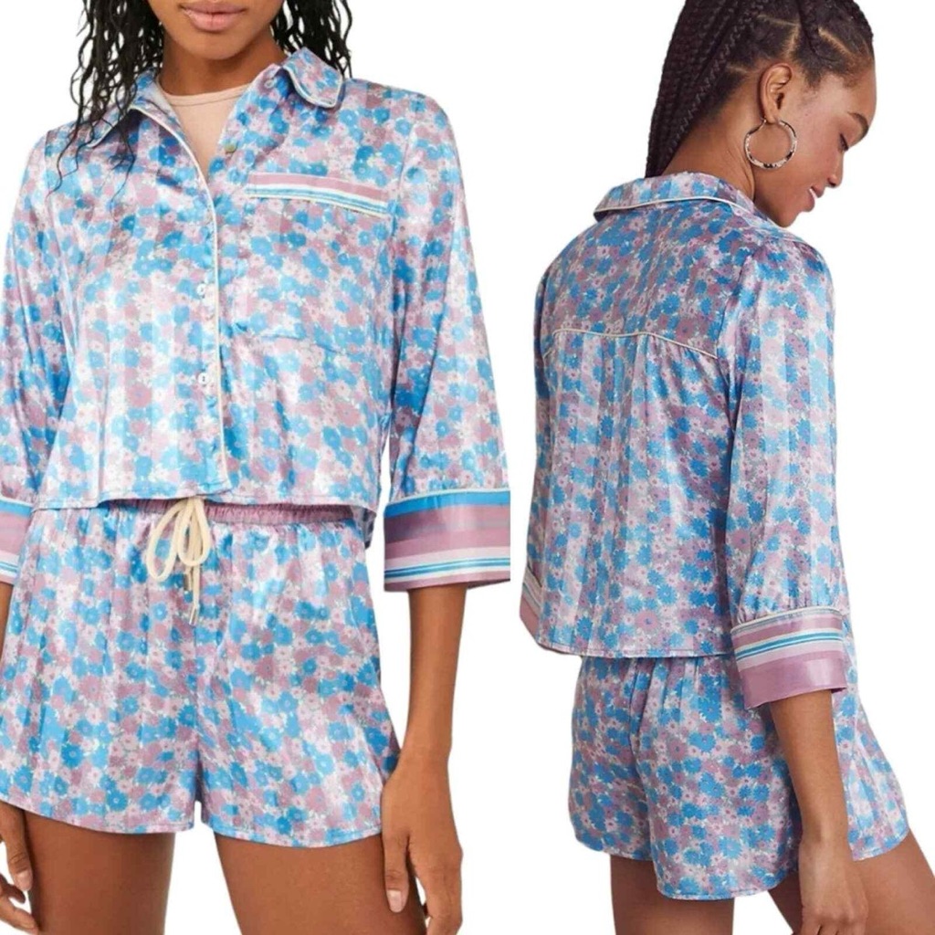 Free People Satin Pajama Set - Pink And Blue Floral- Size S/P